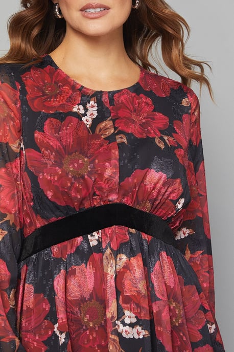 Floral Contrast Velvet Midi Dress - Image 5