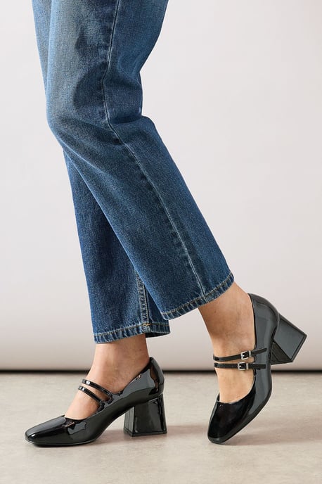 Wide Fit Dawn Faux Patent Leather Double Mary Jane Mid  Block Heel Court Shoes - Image 3
