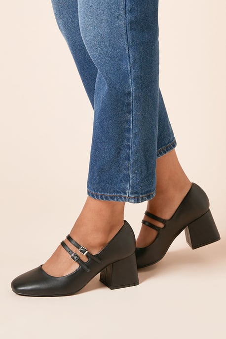 Wide fit Dawn Faux Leather Double Mary Jane Mid Block Heel Court Shoes - Image 1