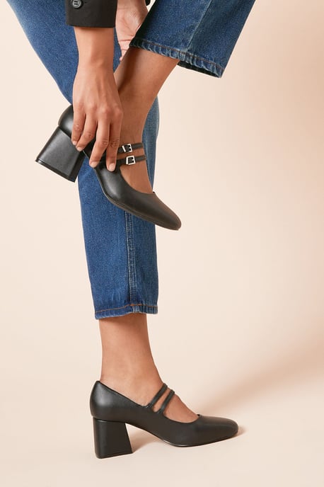 Wide fit Dawn Faux Leather Double Mary Jane Mid Block Heel Court Shoes - Image 2