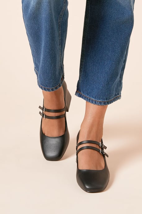 Wide fit Dawn Faux Leather Double Mary Jane Mid Block Heel Court Shoes - Image 3