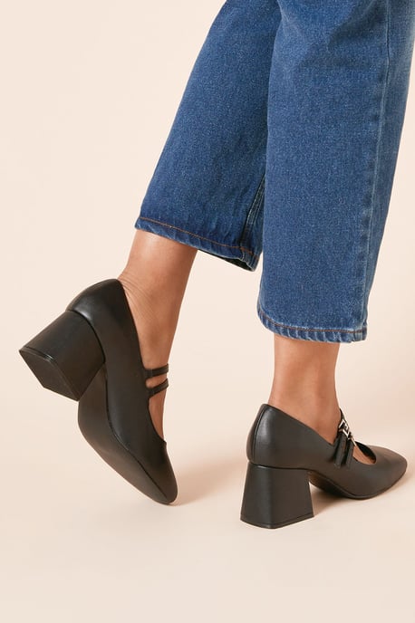 Wide fit Dawn Faux Leather Double Mary Jane Mid Block Heel Court Shoes - Image 4