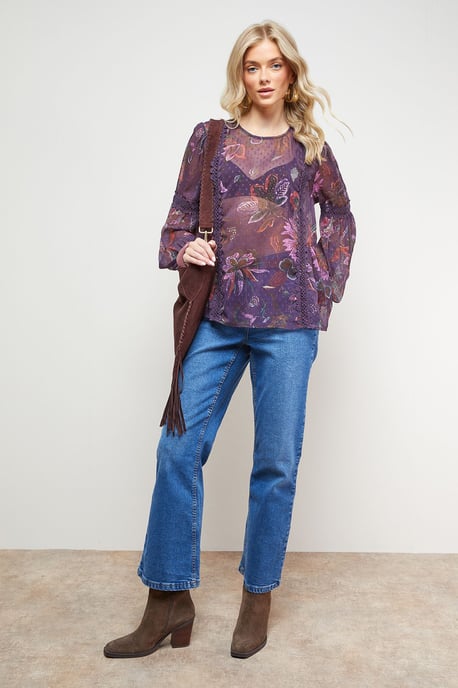 Printed Lace Detail Dobby Chiffon Blouse - Image 1