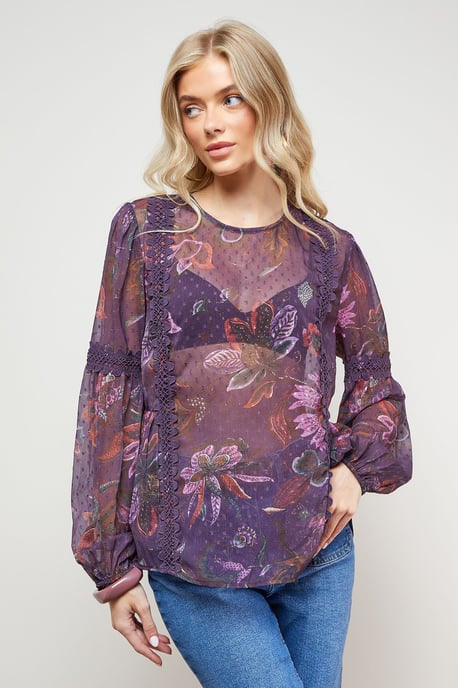 Printed Lace Detail Dobby Chiffon Blouse - Image 2