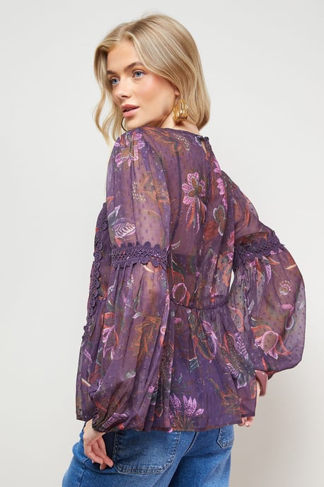 Printed Lace Detail Dobby Chiffon Blouse - Image 4