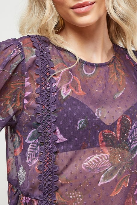 Printed Lace Detail Dobby Chiffon Blouse - Image 5