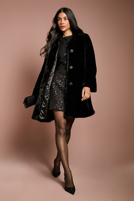 Diamante Fur Button Through Occasion Coat - Image 1