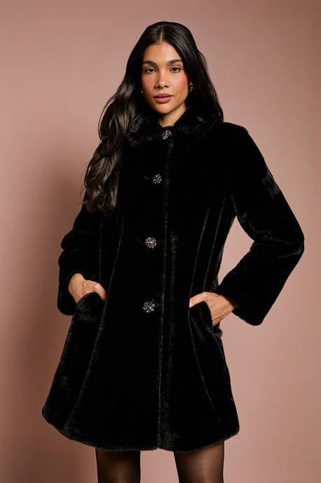 Diamante Fur Button Through Occasion Coat - Image 2