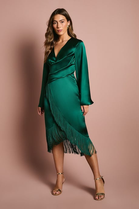 Satin Fringe Hem Wrap Waist Midi Dress - Image 1
