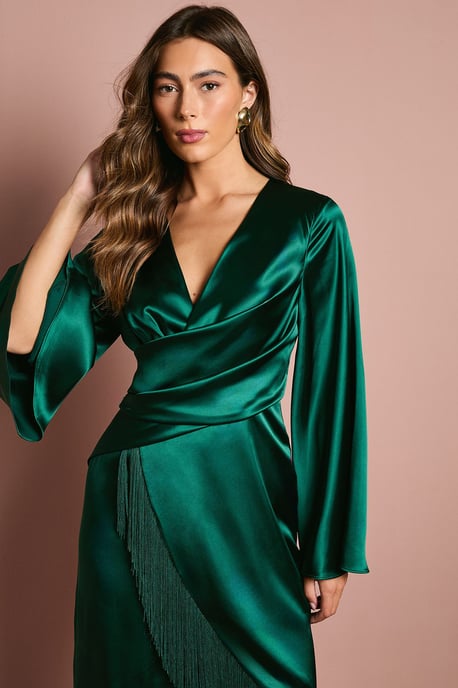 Satin Fringe Hem Wrap Waist Midi Dress - Image 2