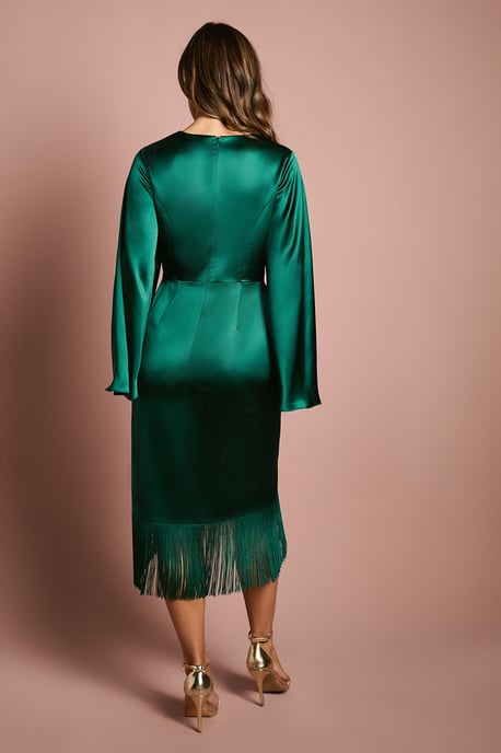 Satin Fringe Hem Wrap Waist Midi Dress - Image 3