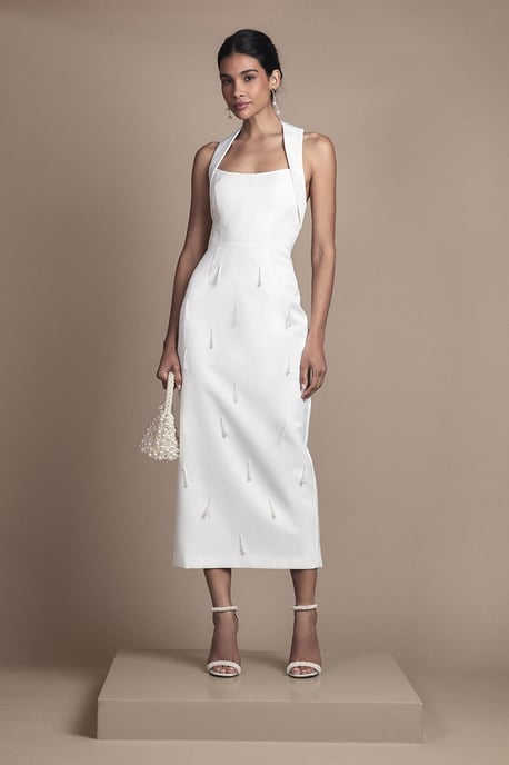 Halter Satin Midi Bridal Dress With Pearl - Image 1