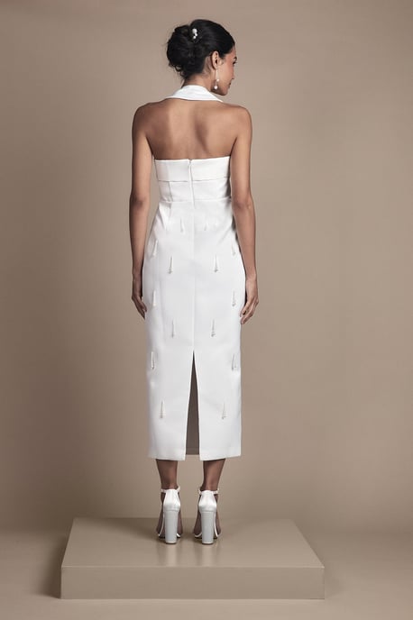 Halter Satin Midi Bridal Dress With Pearl - Image 3