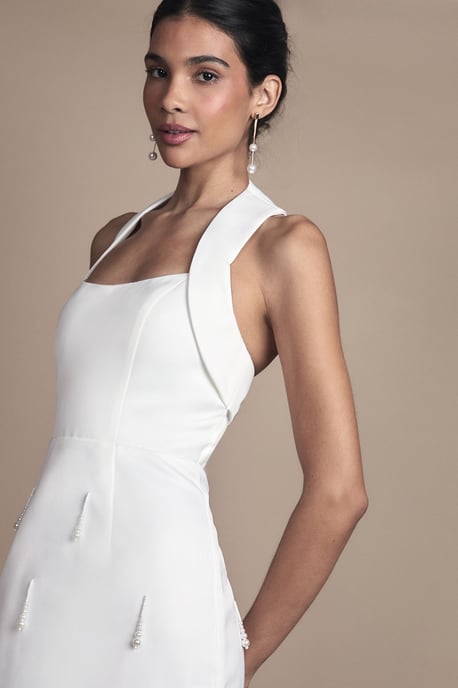 Halter Satin Midi Bridal Dress With Pearl - Image 4