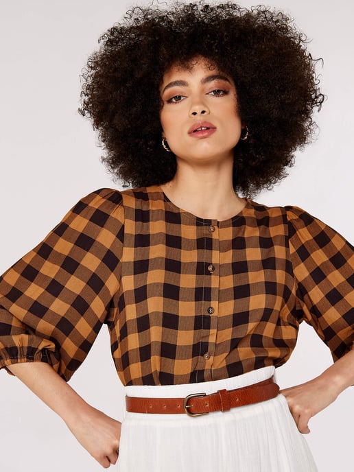 Apricot Gingham Check Balloon Sleeve Blouse - Image 1