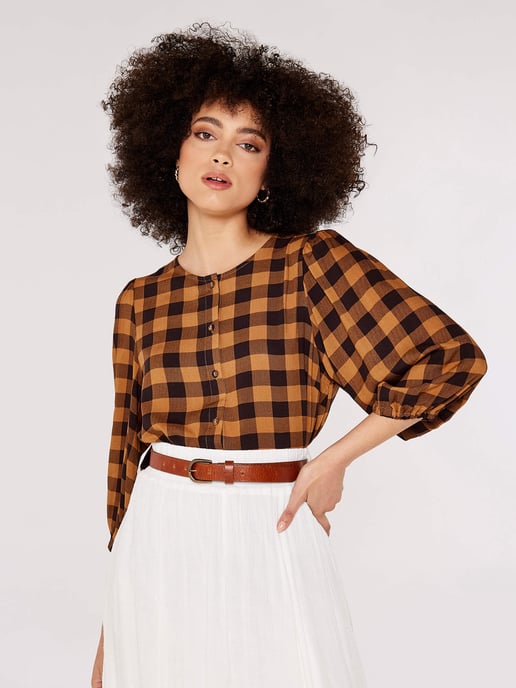 Apricot Gingham Check Balloon Sleeve Blouse - Image 3