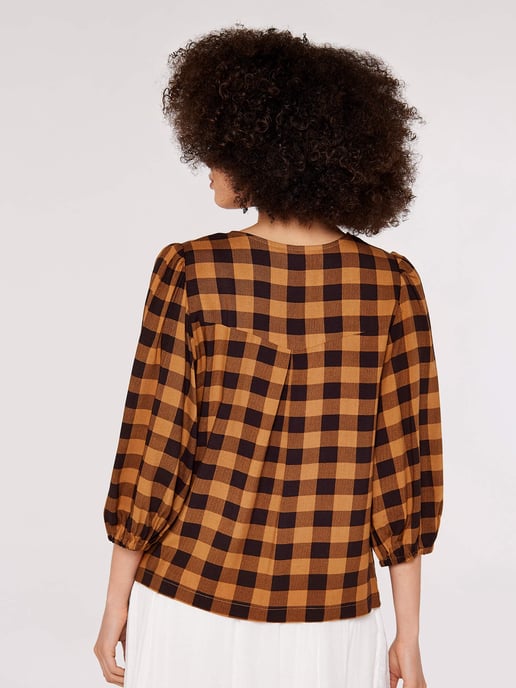 Apricot Gingham Check Balloon Sleeve Blouse - Image 4