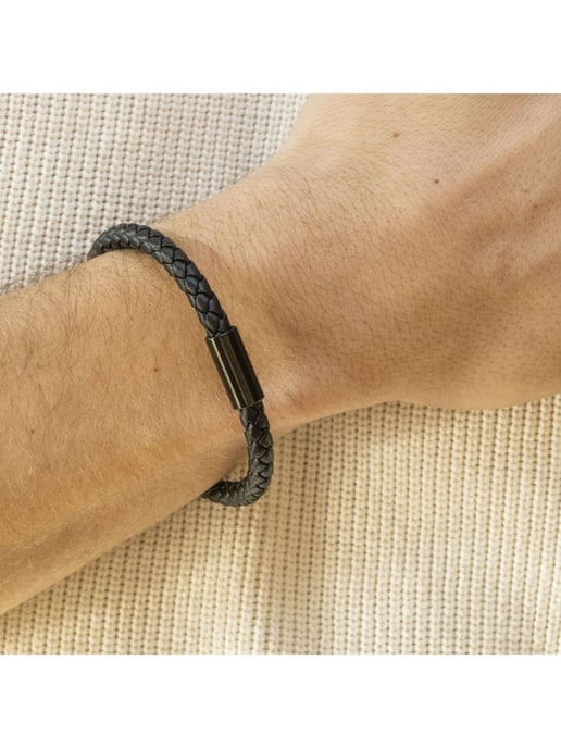 Zeeme Stainless Steel Bracelet Edelstahl Leder schwarz 21cm - Image 3