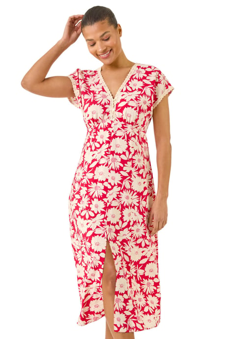 Daisy Print Lace Trim Midi Dress - Image 1
