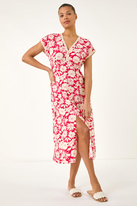Daisy Print Lace Trim Midi Dress - Image 3