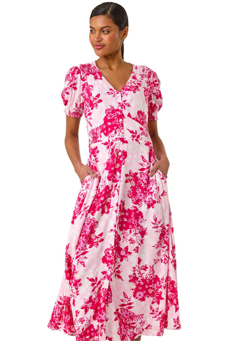 Button Through Floral Shirred Midi Dress - Image 1