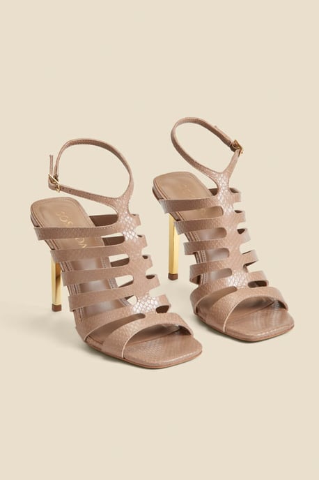 Taupe Leather Gladiator Square Toe Strap Sandals - Image 2