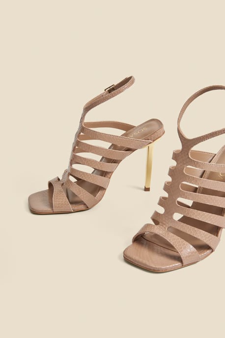Taupe Leather Gladiator Square Toe Strap Sandals - Image 4