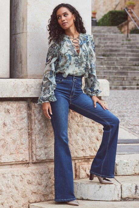 Petite Green Paisley Floral Print Lace Up Blouse - Image 1
