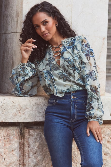 Petite Green Paisley Floral Print Lace Up Blouse - Image 2