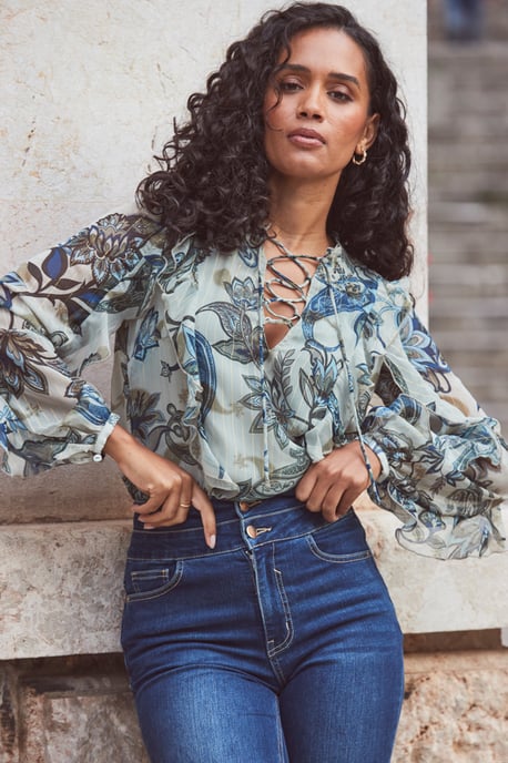 Petite Green Paisley Floral Print Lace Up Blouse - Image 3