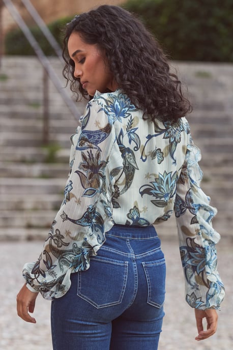 Petite Green Paisley Floral Print Lace Up Blouse - Image 4
