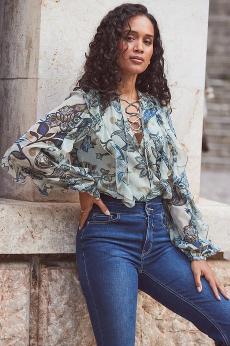 Petite Green Paisley Floral Print Lace Up Blouse - Image 5
