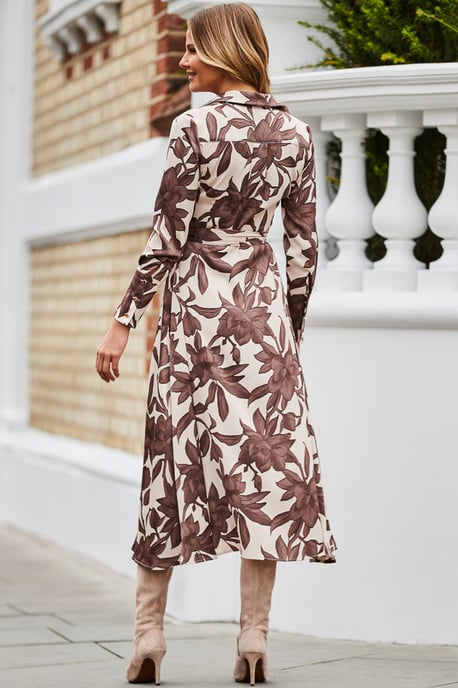 Coffee & Cream Floral Print Midi Shirt Dress - Image 3