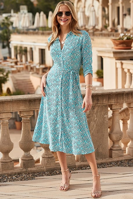 Aqua Blue Geometric Print Tie Waist Shirt Dress - Image 1
