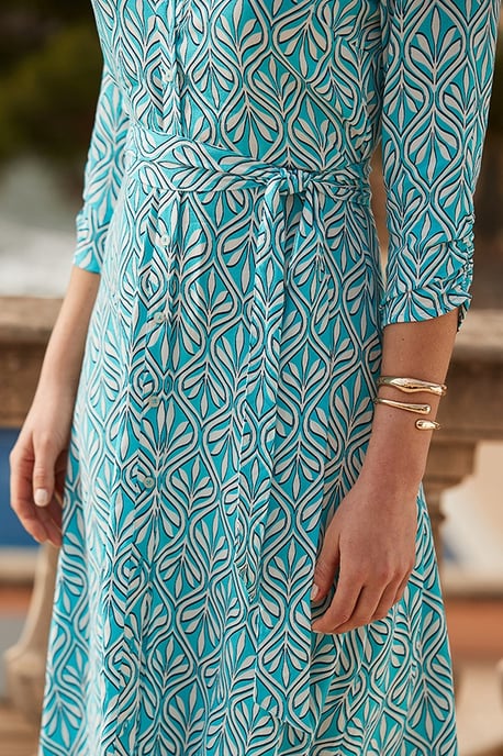 Aqua Blue Geometric Print Tie Waist Shirt Dress - Image 4