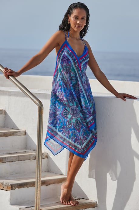 Blue Scarf Print Hanky Hem Beach Dress - Image 2