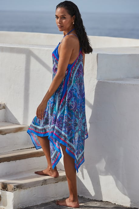 Blue Scarf Print Hanky Hem Beach Dress - Image 5