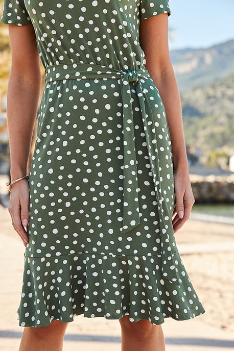 Sage Green Spot Print Tie Waist Shift Dress - Image 3
