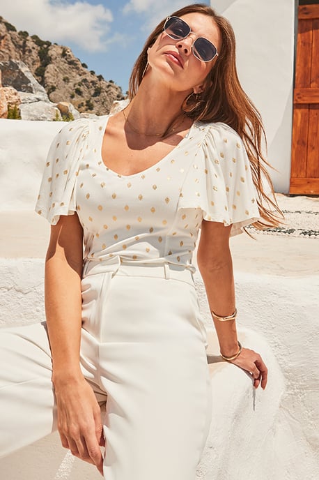Ivory & Gold Metallic Fleck Print Top - Image 4