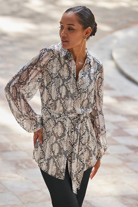 Petite Snake Print Relaxed Fit Belted Longline Shirt - Image 1