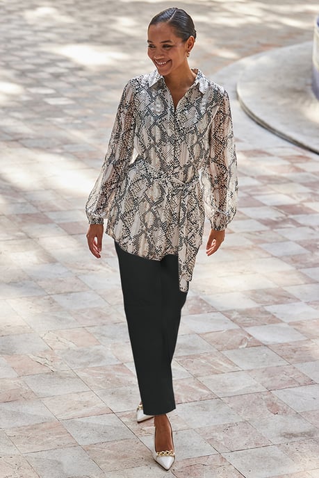 Petite Snake Print Relaxed Fit Belted Longline Shirt - Image 2