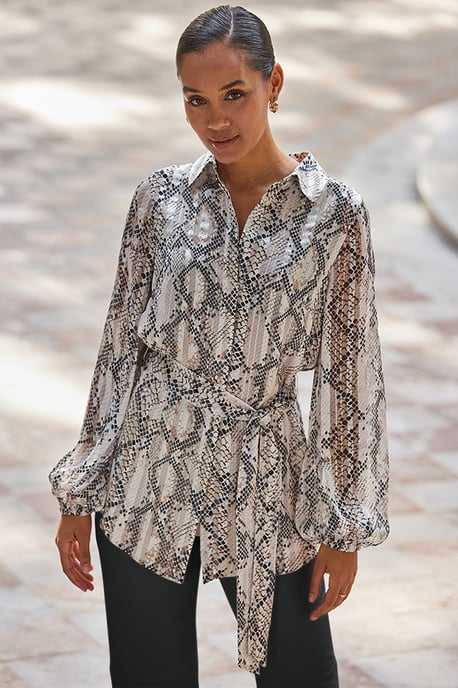 Petite Snake Print Relaxed Fit Belted Longline Shirt - Image 4