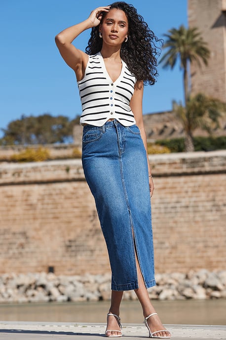 Mid Blue Longline Denim Midi Skirt - Image 1