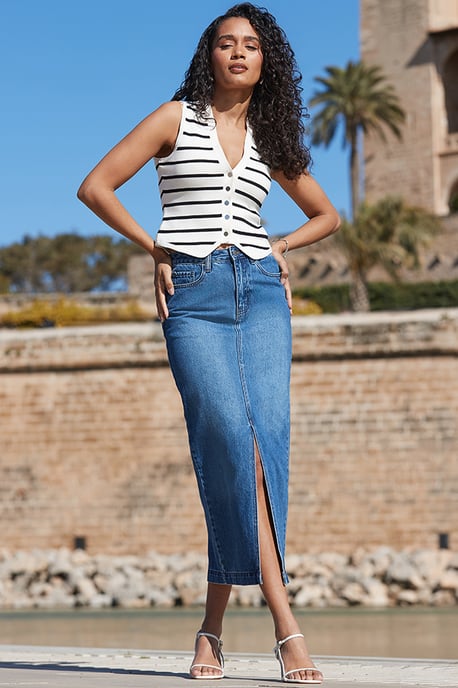 Mid Blue Longline Denim Midi Skirt - Image 2