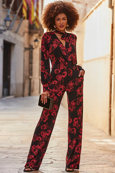 Black & Pink Floral Print Tie Neck Jumpsuit - Image 1