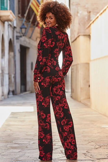 Black & Pink Floral Print Tie Neck Jumpsuit - Image 3