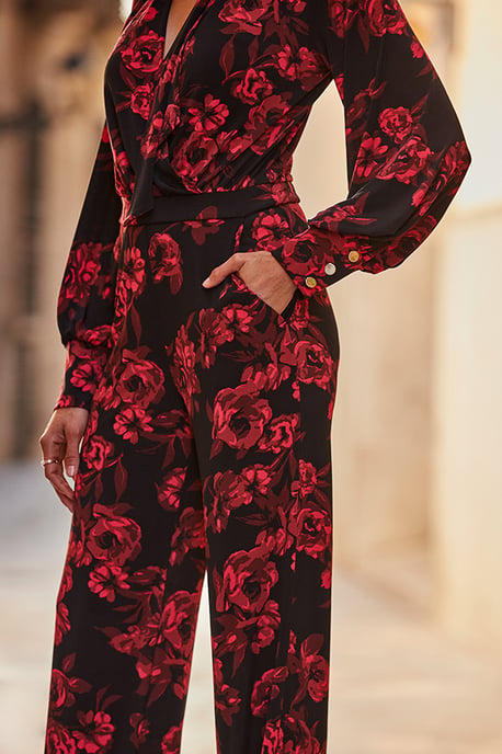 Black & Pink Floral Print Tie Neck Jumpsuit - Image 4