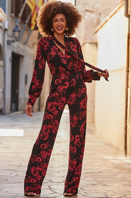 Black & Pink Floral Print Tie Neck Jumpsuit - Image 5