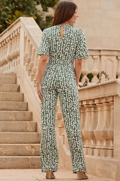 Sage Green & Ivory Geometric Spot Print Belted Jumpsuit - Image 3