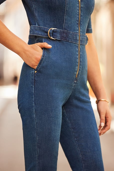 Petite Mid Blue Denim Kick Flare Jumpsuit - Image 4